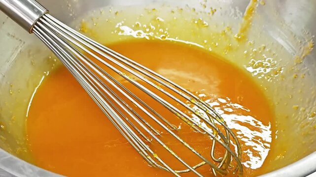 Smooth golden yellow egg yolk cream with a metal whisk in a bowl.