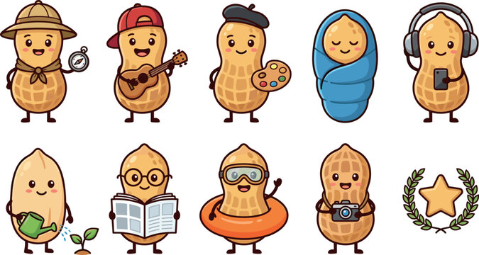 Peanut Characters Set with Various Hobbies and Accessories Featuring Peanuts