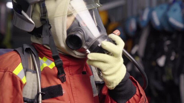 Firefighter equipping full face breathing mask before operation