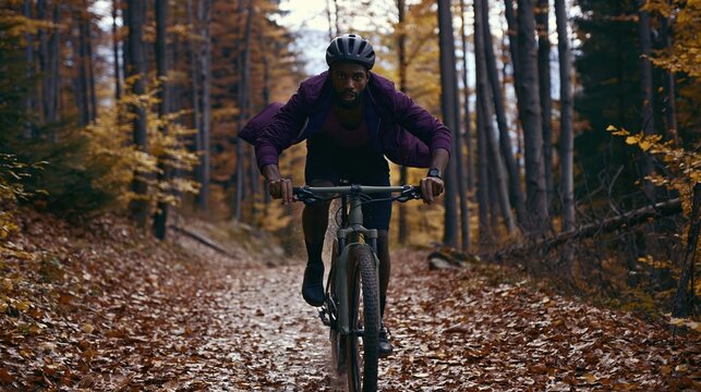 A young Black man mountain biking through a woodland trail blanketed in autumn leaves. Dynamic low angle captures energetic outdoor fitness in cool, diffused daylight.