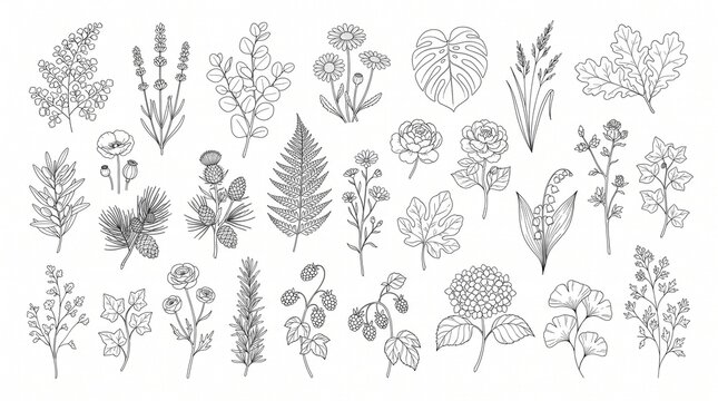 Hand-Drawn Botanical Line Art Collection of Wildflowers, Leaves, Herbs and Garden Plants