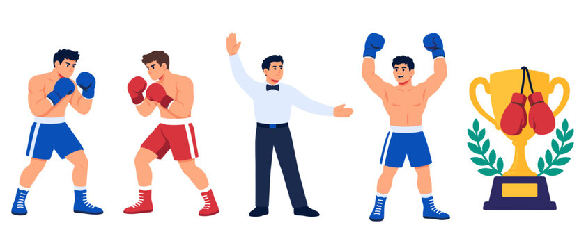 Boxing match with referee declaring the winner and trophy