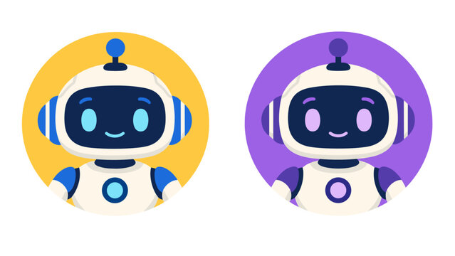 Two friendly robot avatars in colorful circular badges