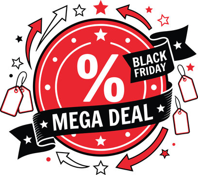 Black friday mega deal red sale sticker with percent symbol and price tags discount promotion shopping marketing commerce advertising