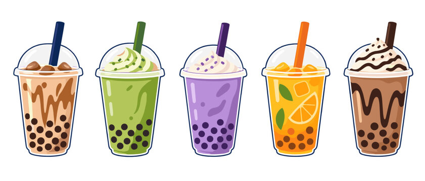 Colorful bubble tea drink set with tapioca pearls