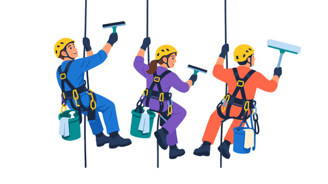 Rope access window cleaners using squeegees