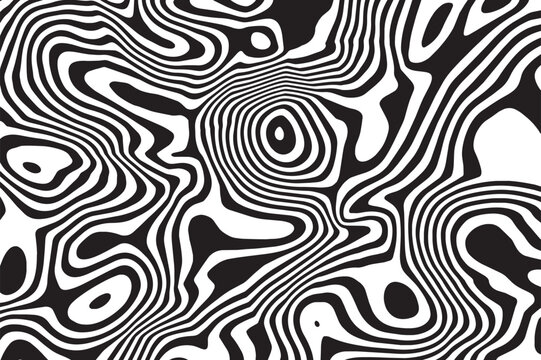 Abstract black and white background with liquify lines effect. Twisted monochrome liquid marble motion with wavy form print. Hypnotic fluid dynamic flow with vortex ornament. Vector illustration.