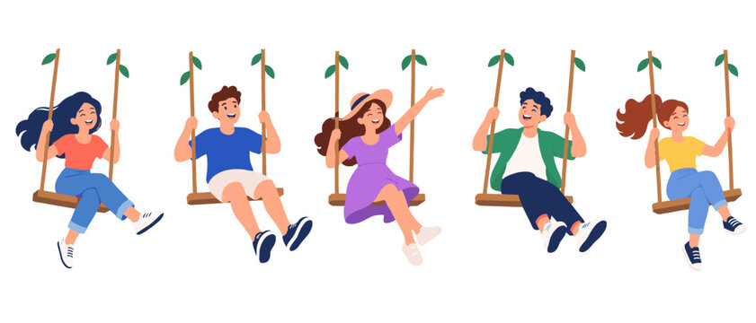 Young people swinging on leafy rope swings