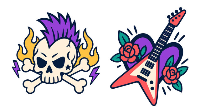 Punk rock skull and crossbones beside a floral electric guitar