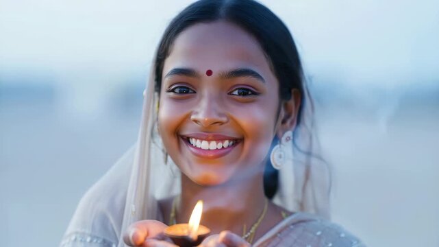 Smiling Indian woman holding glowing diya during Sharad Purnima, traditional festive portrait with devotional light, Kojagiri Purnima celebration and Hindu spiritual atmosphere