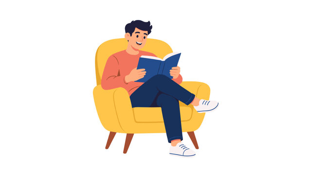 Young man reading a book in a yellow armchair