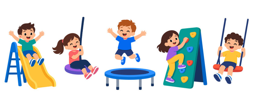 Children playing on a slide and trampoline at the playground