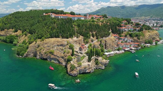 Aerial View of Ohrid Lakeside Peninsula and Mountain Town