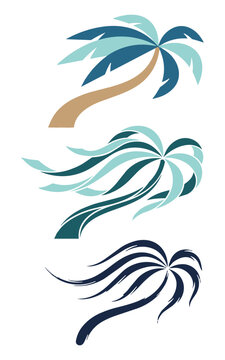 Stylized palm trees bending in the wind vector graphic set in blue and beige tones with tropical collection isolated movement abstract decoration