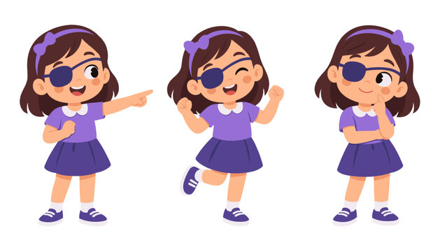 Cartoon girl with an eye patch in three playful poses