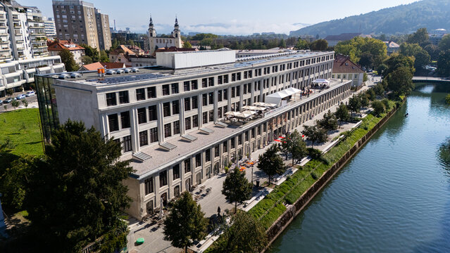 Aerial view of Center Rog, a historic factory building repurposed into a contemporary arts and culture center, situated along the Ljubljanica River in Ljubljana, Ljubljana, Slovenia.