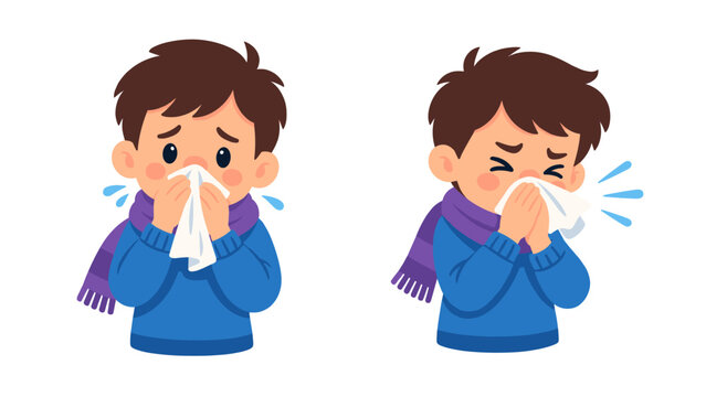 Two sick boys sneezing and blowing their noses into tissues