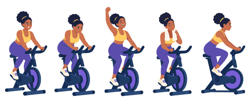 Woman cycling on a stationary bike in a workout sequence