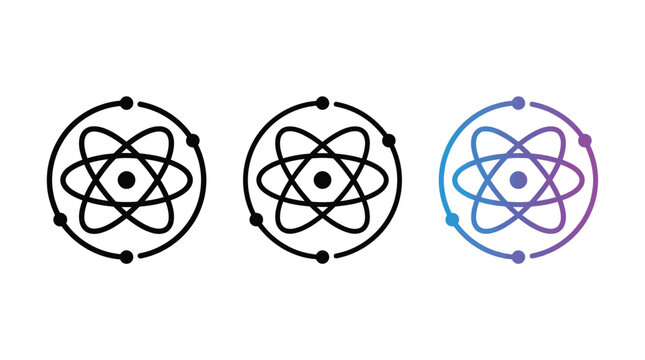 Scientific atomic structure vector icons featuring minimalist line art style and gradient color options