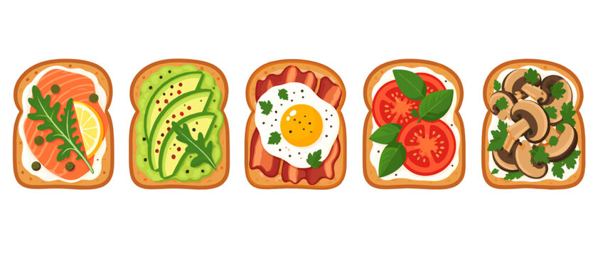 Five toast slices topped with salmon avocado egg and vegetables