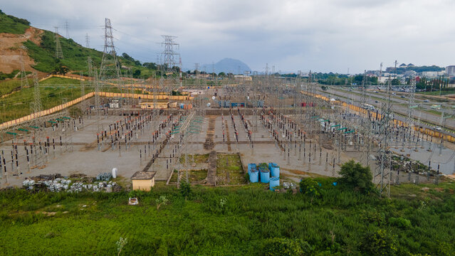 Aerial view of TCN SubStation Katampe featuring electrical transformers, power lines, and transmission towers in Abuja, Federal Capital Territory, Nigeria.