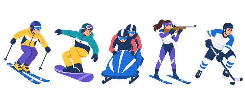 Winter sports athlete set with skiing snowboarding and bobsledding