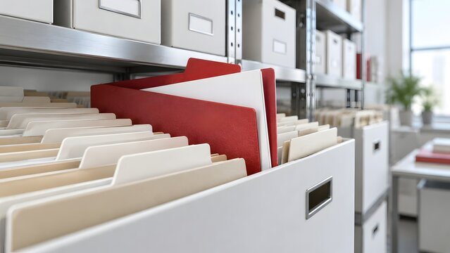 Organized Business Filing System With Highlighted Red Folder