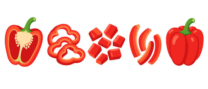 Red bell pepper shown whole with slices strips and cubes