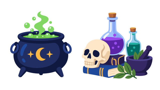 Witchcraft still life with bubbling cauldron and potion bottles