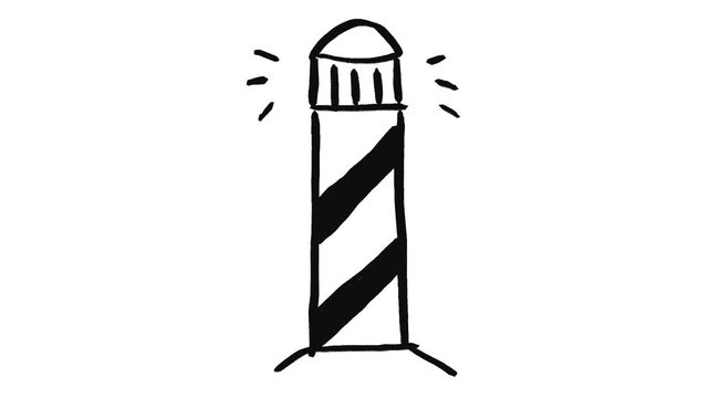 Lighthouse hand drawn animation, animated coastal beacon motion loop drawing, cartoon light house sketch video design, striped tower shining light rays