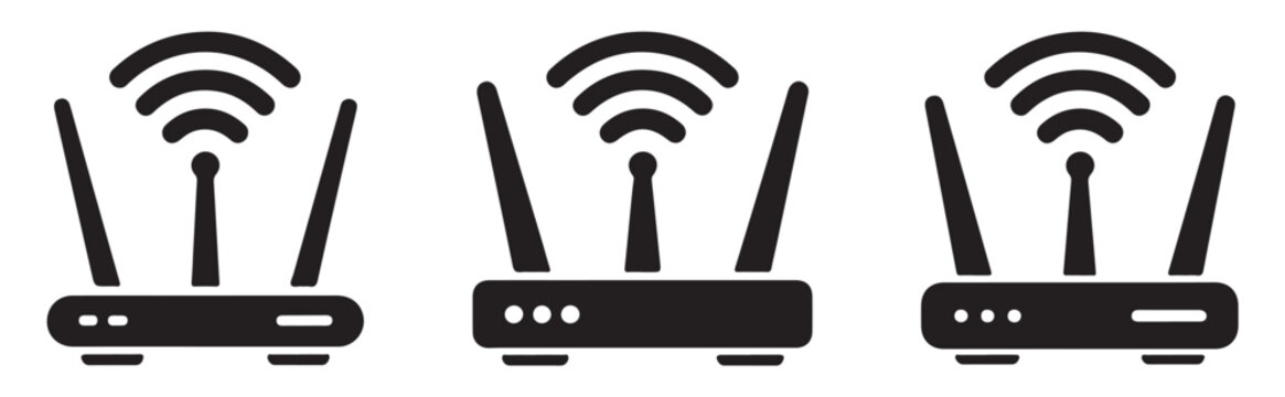 Black wireless router silhouettes with signal waves for modern home internet connection network connectivity set.