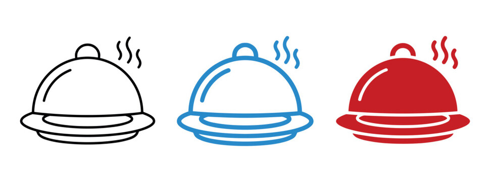 Hot food covered dish icons in black blue and red with steam during a meal concept for restaurant menus and catering