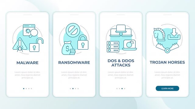 Digital defense strategy basics animated mobile app onboarding. Tech vulnerability awareness. Network protection. Welcome screen UI. Carousel walkthrough animation with blue monochrome concept icons