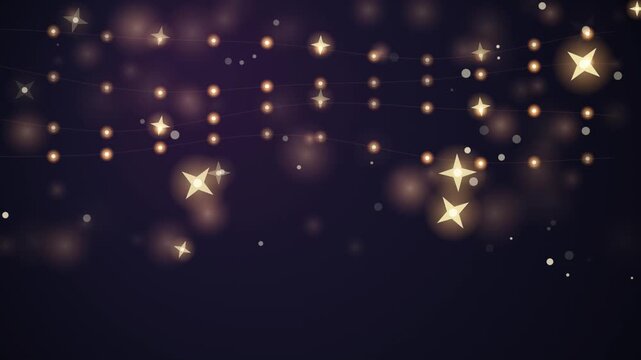 A mesmerizing dark background with sparkling golden festive string lights and twinkling star shapes c