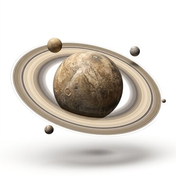 Artistic illustration of a ringed planet with multiple moons orbiting in space on a white background.