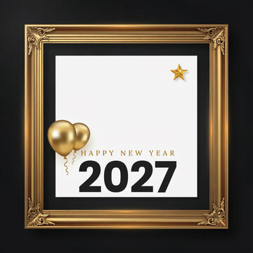 New year celebration with gold balloons and star in ornate frame