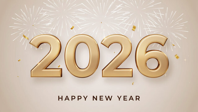 2026 new year celebration with golden numbers and fireworks in background with copy space