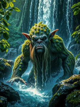 Mossy green forest troll creature wading through a wild river pool beneath a massive jungle waterfall.
