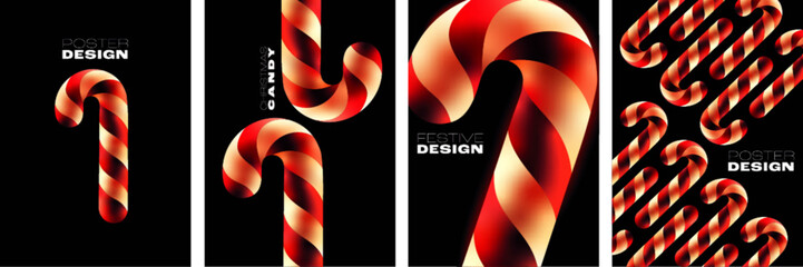 Obraz premium Four candy cane posters in glowing gradient stripes on a dark ground. Festive Christmas cards, flyers and holiday templates for the winter season