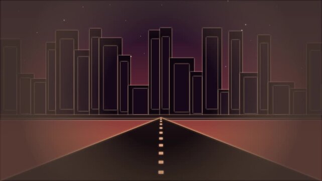 A sleek abstract urban cityscape at night with a long perspective road leading into the glowing city