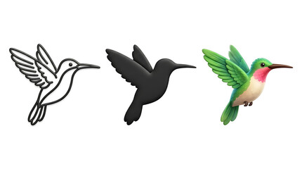 Fototapeta premium Three distinct hummingbirds in flight outline, solid black silhouette, and vibrant 3D rendering variations