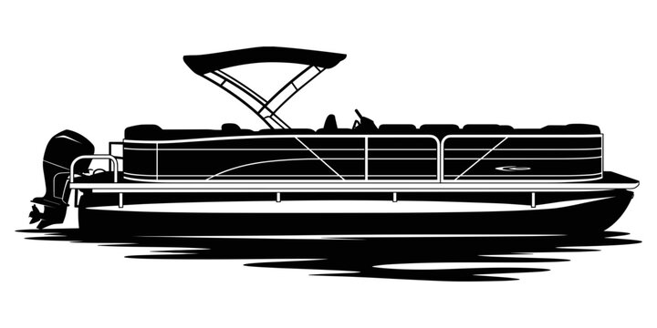 Black silhouette of a pontoon boat with a canopy and an outboard motor, viewed from the side, isolated on a plain white background