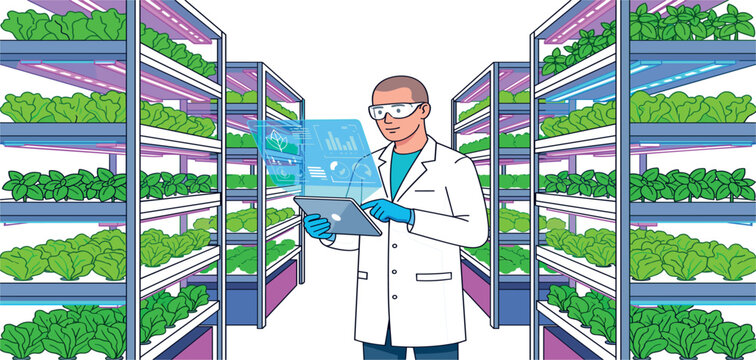 Scientist monitoring indoor vertical farm hydroponic lettuce growth with digital tablet vector illustration