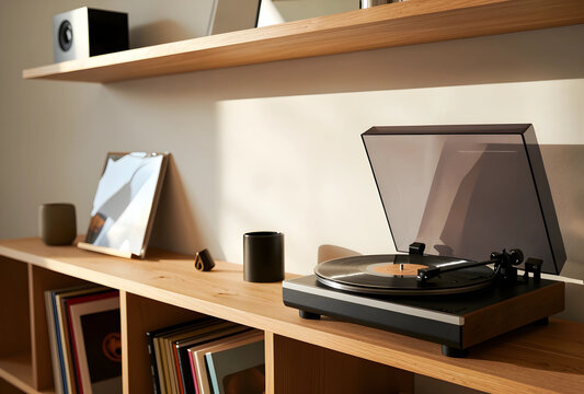 Vinyl record player on wooden shelf, music nostalgia and analog audio lifestyle, vintage sound equipment in modern home interior with sunlight shadows