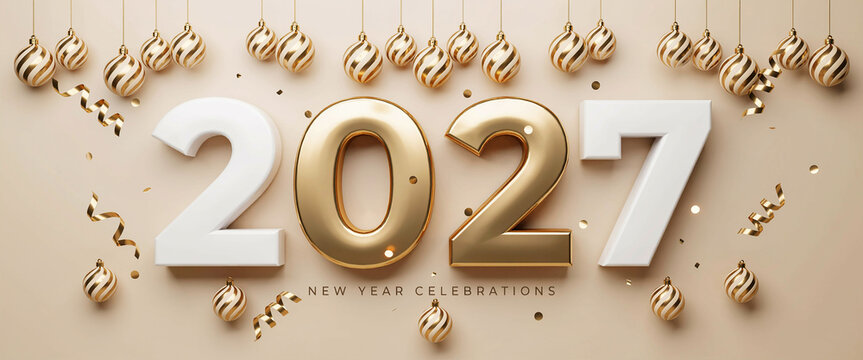 New Year 2027 celebration with golden numbers and festive decorations in background with copy space
