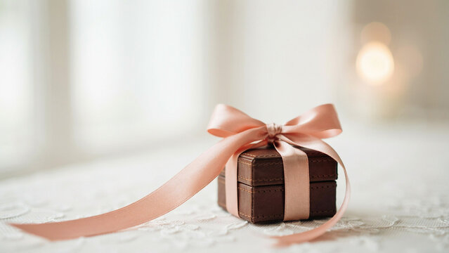 Valentine's Day gift box with pink ribbon on a soft surface with copy space
