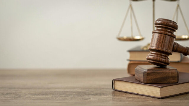 Legal justice concept with gavel and scales of justice on wooden desk