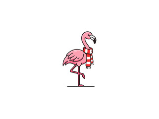 Obraz premium Pink Flamingo Standing On One Leg Wearing A Red And White Striped Christmas Scarf Cartoon.eps