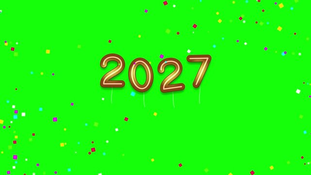 2027 gold balloon numbers floating with falling colorful confetti on green screen, 4K 60fps video fit for New Year celebration promos, holiday social media ads, and festive countdown events.