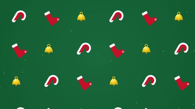 Christmas holiday pattern with red stockings, candy canes, and bells on green 4K 60fps looping animation fit for seasonal social media ads, holiday gift shop displays, and festive vlog overlays.